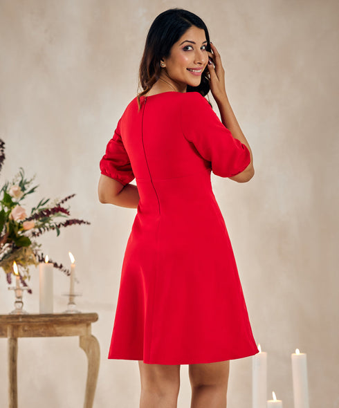 Sleeve Embroidered Red Dress
